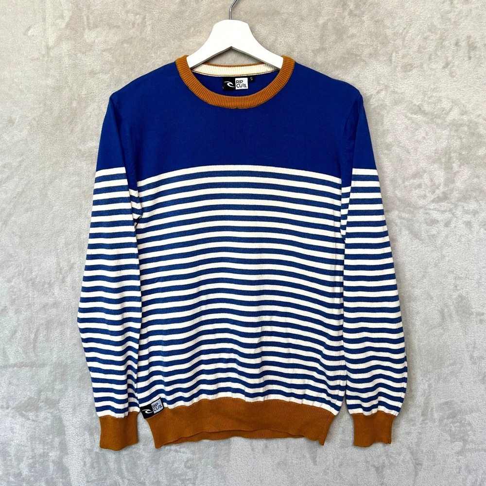Y2K Rip Curl Mens Striped Sweater Small‎ Blue White Surf Skate Retro Grunge Crew